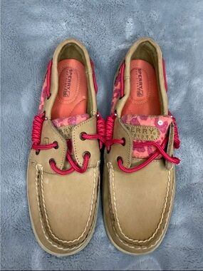 Sperry Boat Shoes in Tan with Pink Accents